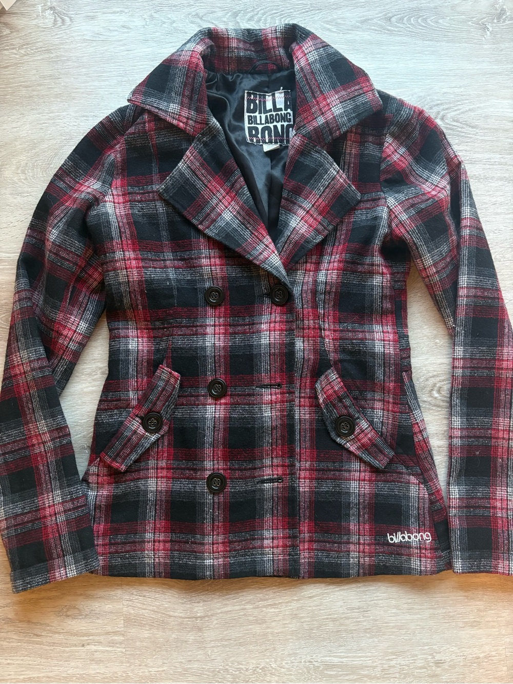 Billabong Red and Black Plaid Double-Breasted Peacoat